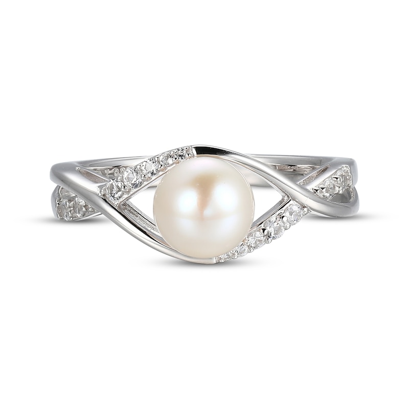 Cultured Pearl & White Lab-Created Sapphire Twist Shank Ring Sterling Silver