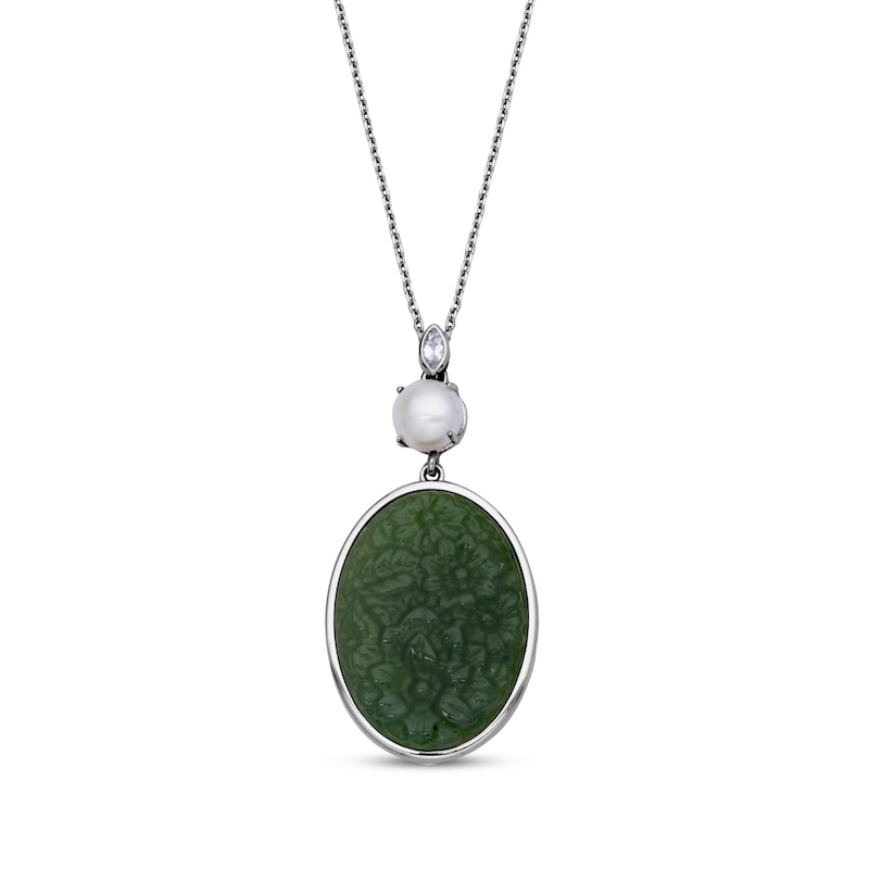 Main Image 1 of Oval-Shaped Nephrite Jade, Cultured Pearl & White Topaz Necklace Sterling Silver 18"