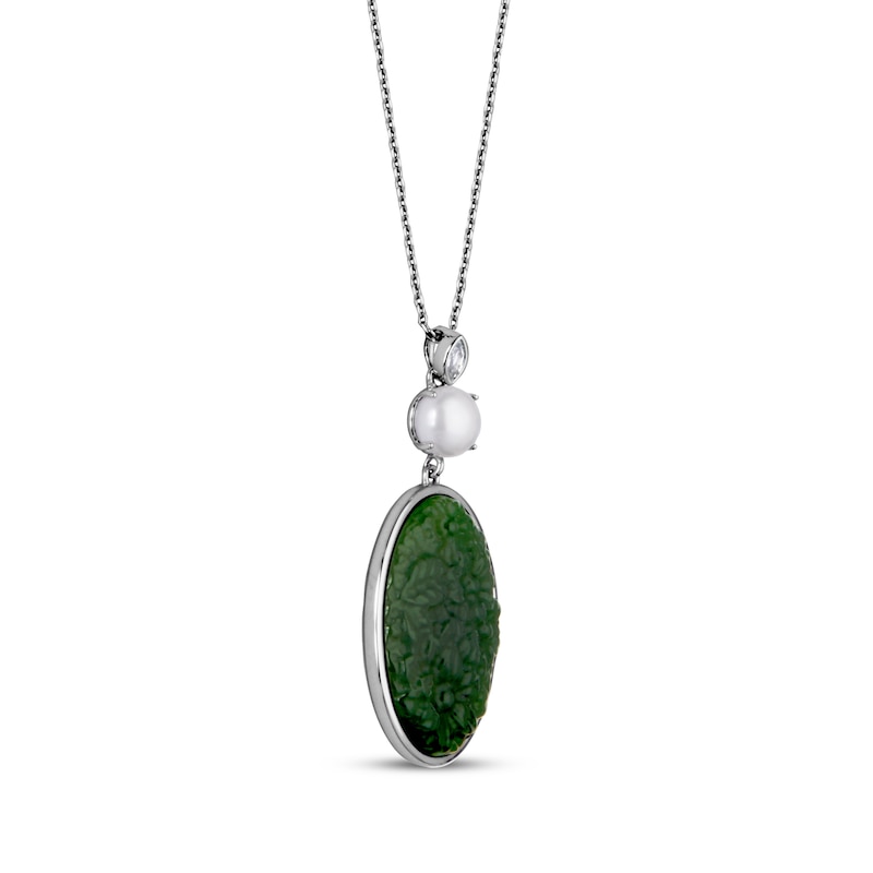 Main Image 2 of Oval-Shaped Nephrite Jade, Cultured Pearl & White Topaz Necklace Sterling Silver 18"