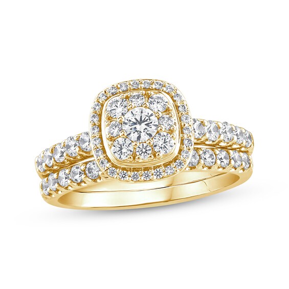 Multi-Diamond Cushion Halo Bridal Set 1 ct tw 14K Yellow Gold