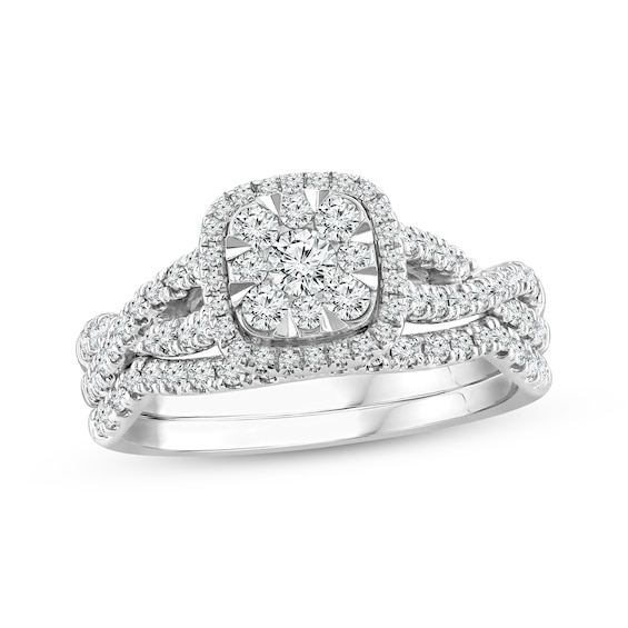 14K White Gold Diamond Cluster Cushion Halo Twist Engagement Ring