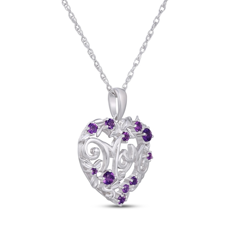 Main Image 2 of Amethyst "Mom" Floral Heart Necklace Sterling Silver 18"
