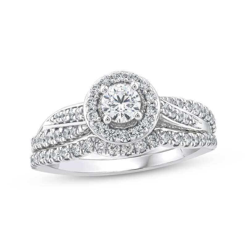 Main Image 1 of Round-Cut Diamond Halo Twist Shank Bridal Set 1 ct tw 14K White Gold