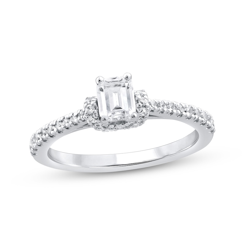Main Image 1 of Adore Emerald-Cut Diamond Draped Halo Engagement Ring 3/4 ct tw 14K White Gold