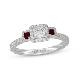 Neil Lane Princess-Cut Diamond & Natural Ruby Three-Stone Engagement Ring 3/4 ct tw 14K White Gold
