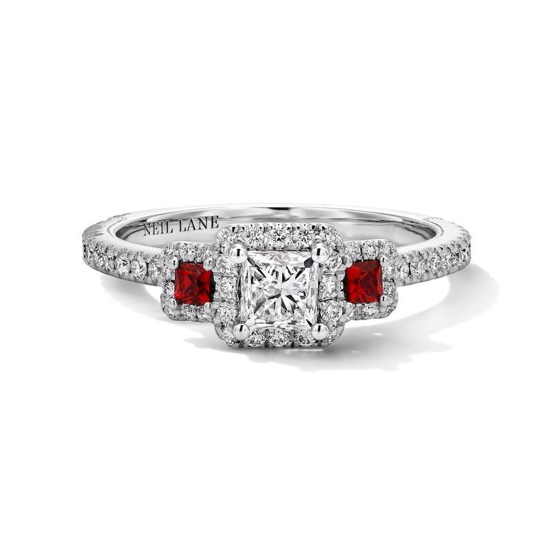 Main Image 3 of Neil Lane Princess-Cut Diamond & Natural Ruby Three-Stone Engagement Ring 3/4 ct tw 14K White Gold