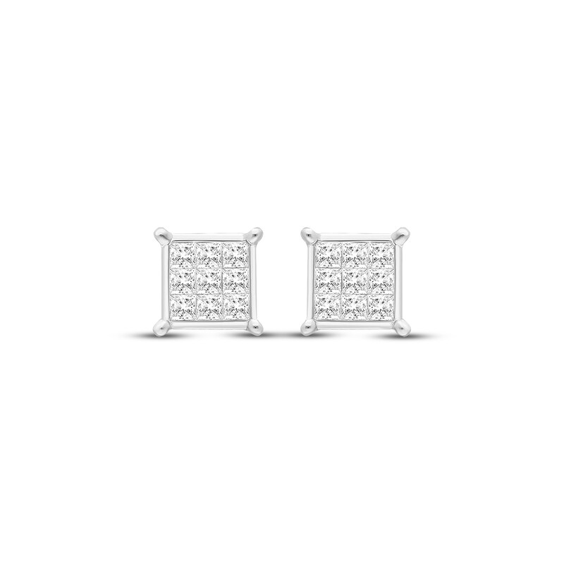 Main Image 2 of Princess-Cut Diamond Square Stud Earrings with Heart Sides 1/3 ct tw 10K White Gold