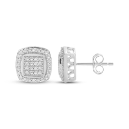 Men's Multi-Diamond Cushion Halo Stud Earrings 1/3 ct tw Sterling Silver
