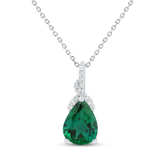 Pear-Shaped Lab-Created Emerald & White Lab-Created Sapphire Drop Necklace Sterling Silver 18"
