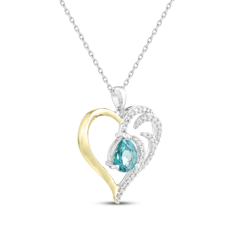 Main Image 2 of Pear-Shaped Oceanic Blue Topaz & White Lab-Created Sapphire Necklace 1/4 ct tw Sterling Silver & 10K Yellow Gold 18"