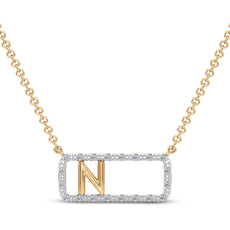 Main Image 1 of Diamond N Initial Rectangle Necklace 1/10 ct tw 10K Yellow Gold 18"