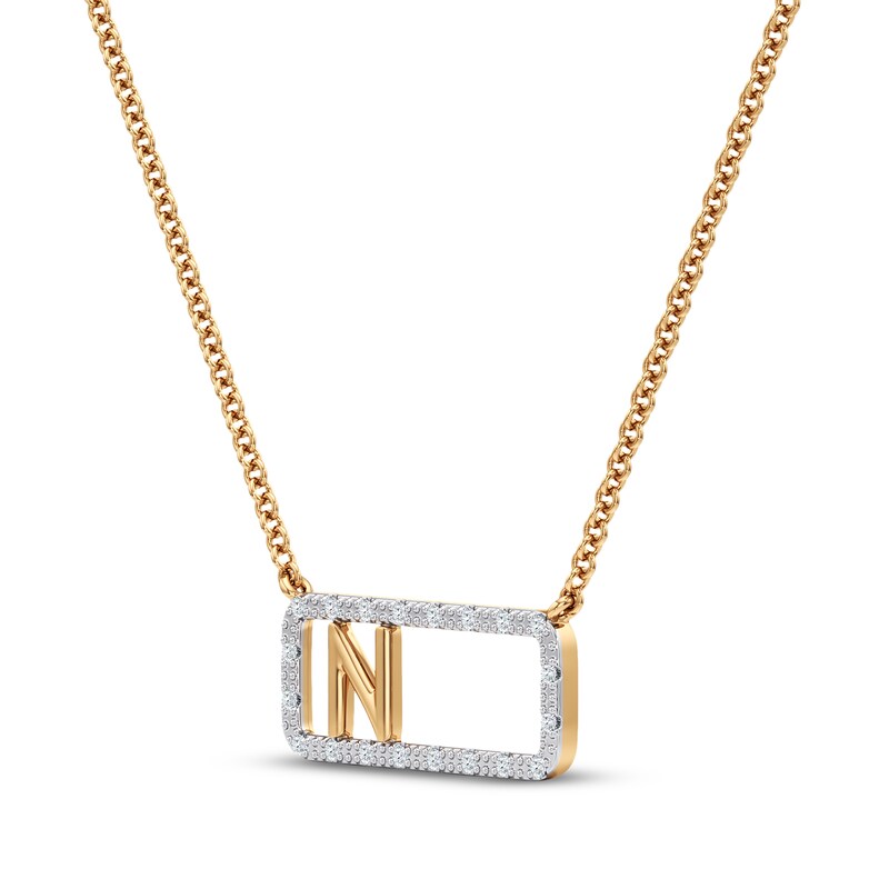 Main Image 2 of Diamond N Initial Rectangle Necklace 1/10 ct tw 10K Yellow Gold 18"