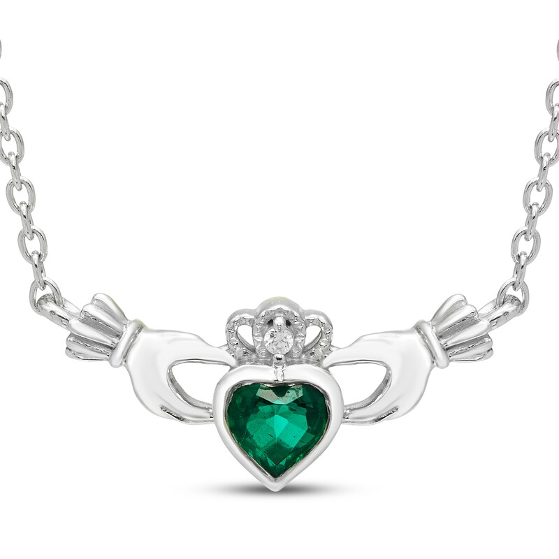 Main Image 1 of Heart-Shaped Lab-Created Emerald & White Lab-Created Sapphire Claddagh Necklace Sterling Silver 18"