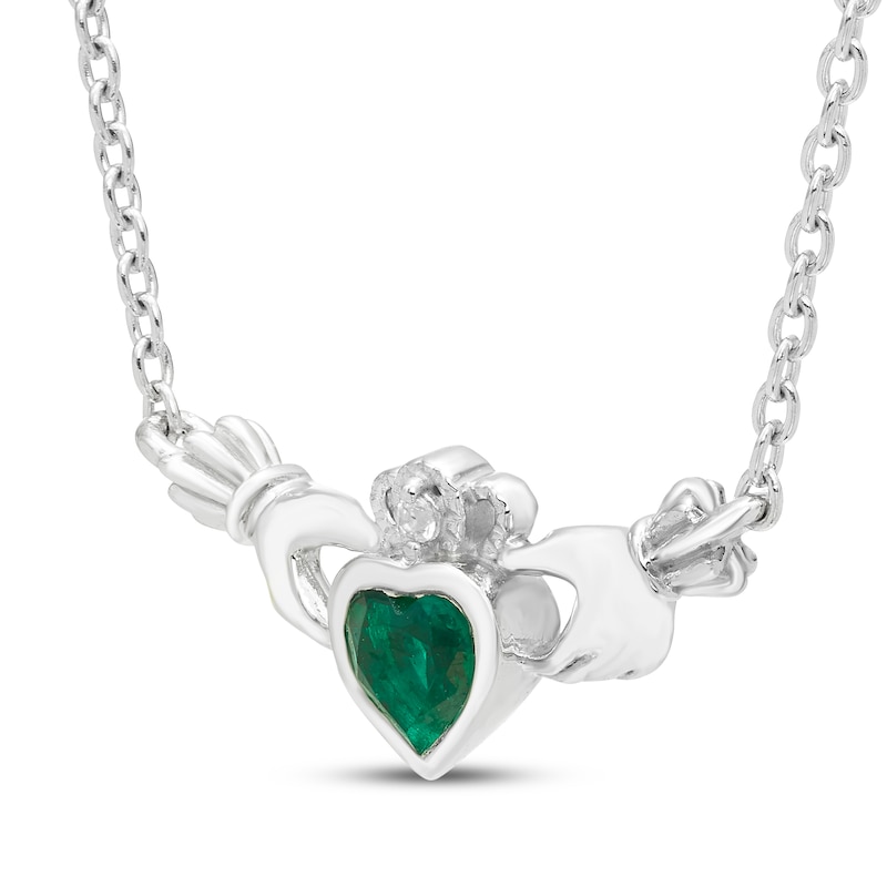 Main Image 2 of Heart-Shaped Lab-Created Emerald & White Lab-Created Sapphire Claddagh Necklace Sterling Silver 18"