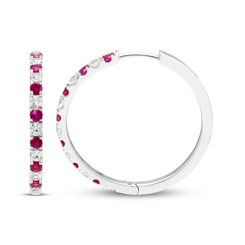 Main Image 1 of Lab-Created Ruby & White Lab-Created Sapphire Hoop Earrings Sterling Silver