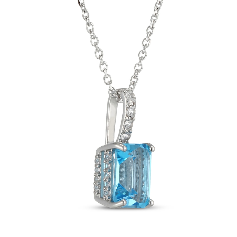Main Image 2 of Emerald-Cut Swiss Blue Topaz & White Lab-Created Sapphire Hidden Halo Necklace Sterling Silver 18"