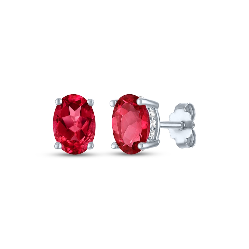 Main Image 1 of Oval-Cut Lab-Created Ruby & White Lab-Created Sapphire Stud Earrings Sterling Silver