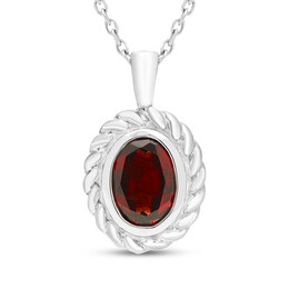 Oval-Cut Garnet Solitaire Twist Frame Necklace Sterling Silver 18"