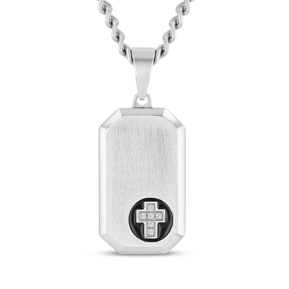 Men's Diamond Accent Brushed Dog Tag Necklace Stainless Steel 24"