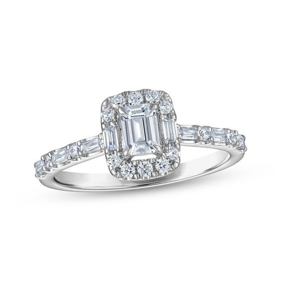 Certified Emerald-Cut Diamond Halo Engagement Ring 3/4 ct tw Platinum