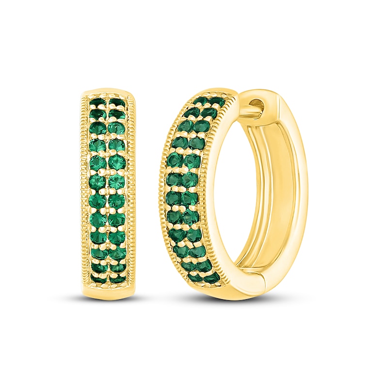 Main Image 1 of Round-Cut Lab-Created Emerald Two-Row Huggie Hoop Earrings 10K Yellow Gold