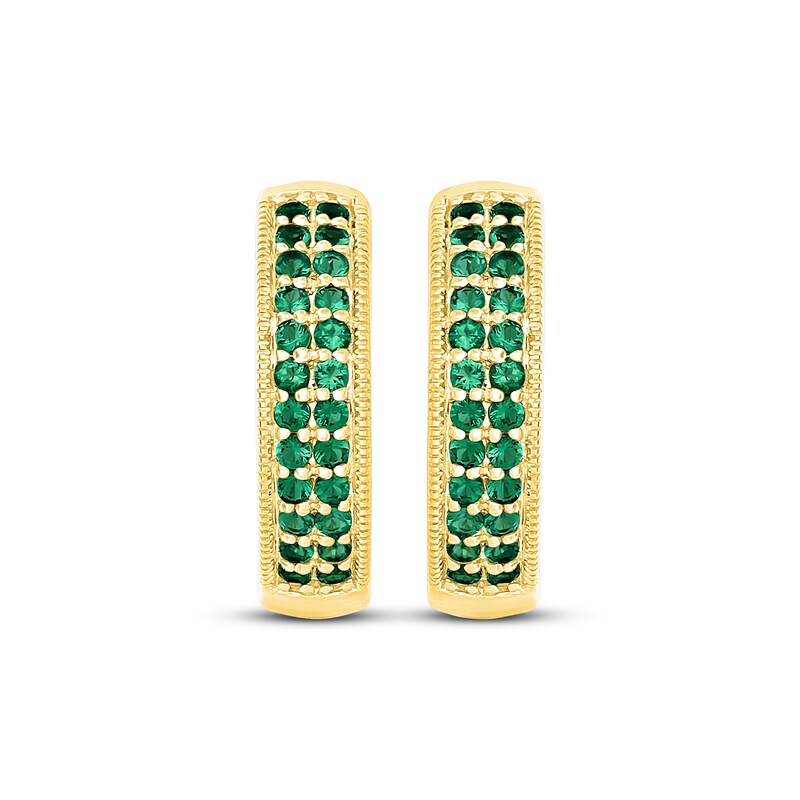 Main Image 2 of Round-Cut Lab-Created Emerald Two-Row Huggie Hoop Earrings 10K Yellow Gold