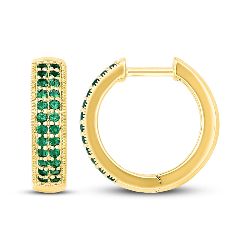 Main Image 3 of Round-Cut Lab-Created Emerald Two-Row Huggie Hoop Earrings 10K Yellow Gold