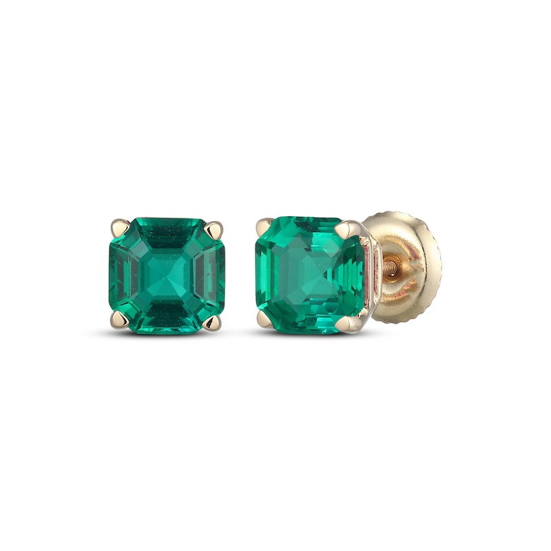 Main Image 1 of Men's Square Emerald-Cut Lab-Created Emerald Solitaire Stud Earrings 10K Yellow Gold