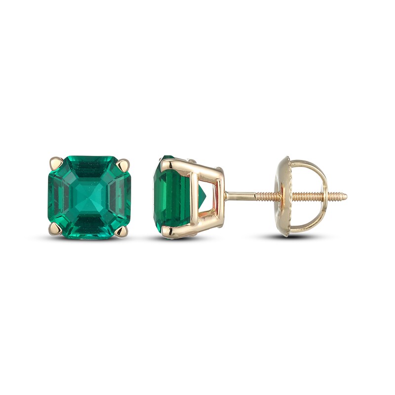 Main Image 3 of Men's Square Emerald-Cut Lab-Created Emerald Solitaire Stud Earrings 10K Yellow Gold
