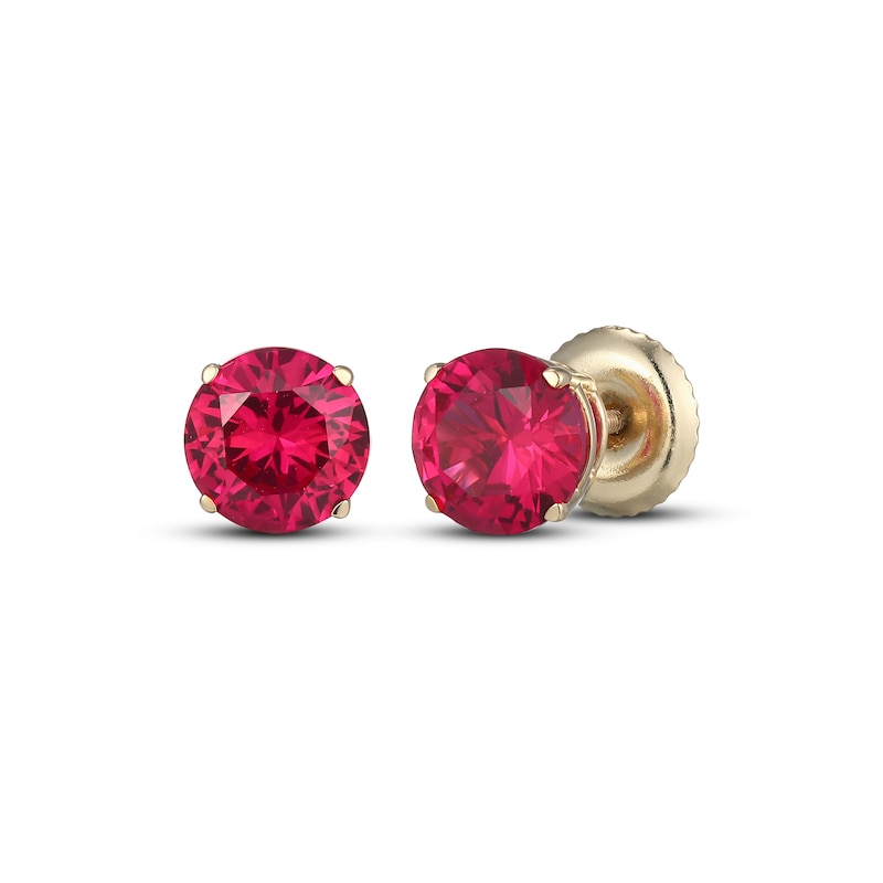 Main Image 1 of Men's Lab-Created Ruby Solitaire Stud Earrings 10K Yellow Gold
