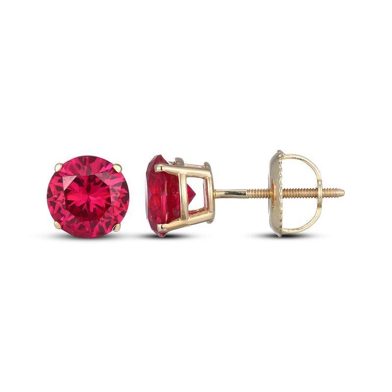 Main Image 3 of Men's Lab-Created Ruby Solitaire Stud Earrings 10K Yellow Gold