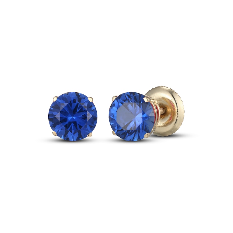Main Image 1 of Men's Blue Lab-Created Sapphire Solitaire Stud Earrings 10K Yellow Gold