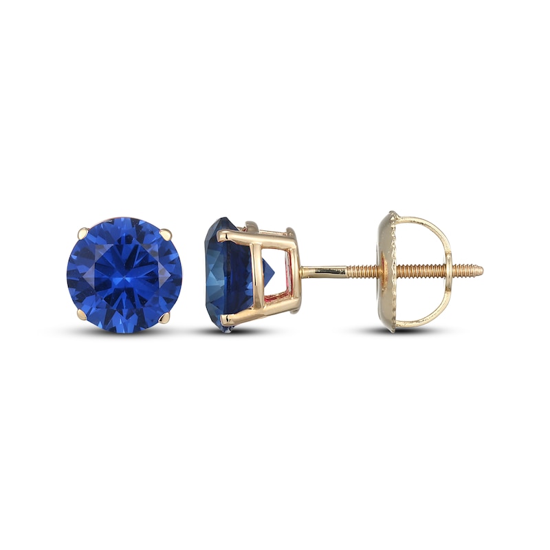Main Image 3 of Men's Blue Lab-Created Sapphire Solitaire Stud Earrings 10K Yellow Gold
