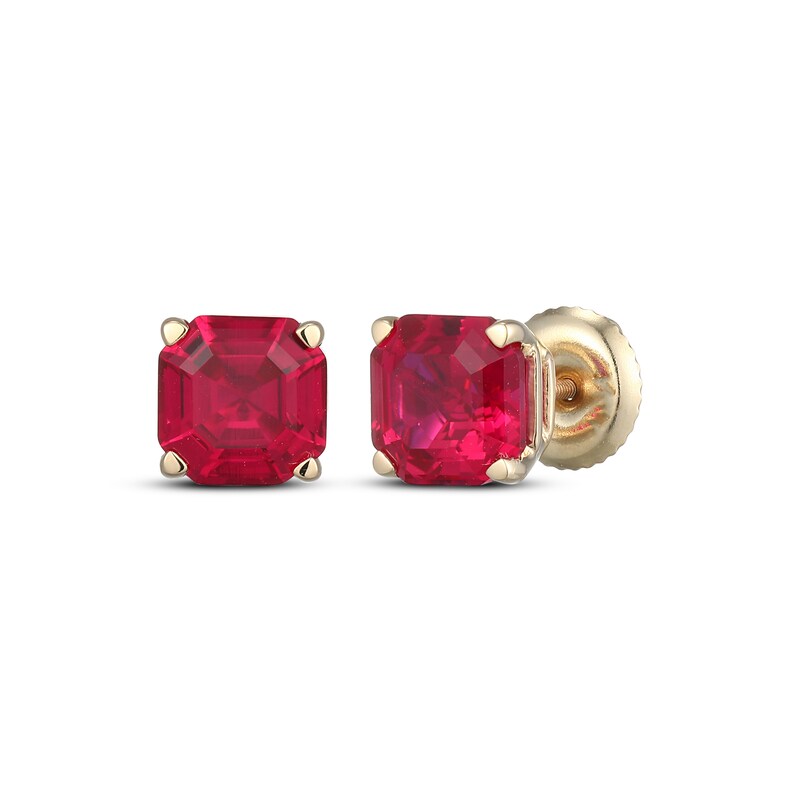 Main Image 1 of Men's Square Emerald-Cut Lab-Created Ruby Solitaire Stud Earrings 10K Yellow Gold