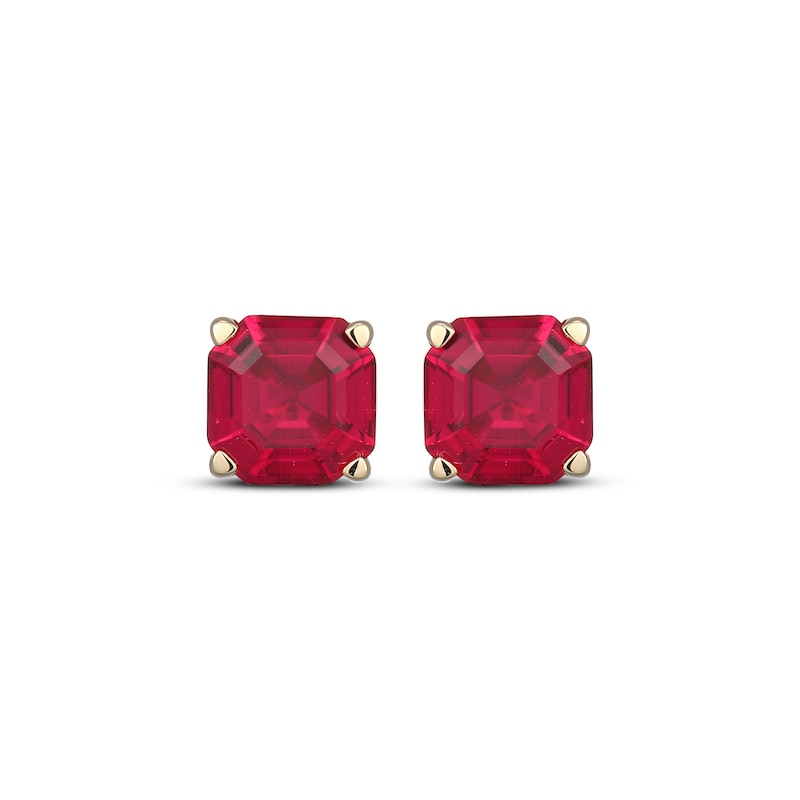Main Image 2 of Men's Square Emerald-Cut Lab-Created Ruby Solitaire Stud Earrings 10K Yellow Gold