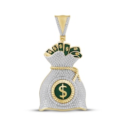 Men's Diamond & Green Enamel Money Bag Charm 1 ct tw 10K Yellow Gold