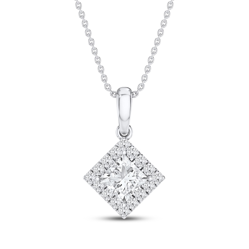 Main Image 1 of KAY Lab-Grown Diamonds Princess-Cut Solitaire Halo Necklace 1/2 ct tw 14K White Gold (F/VS2) 18"
