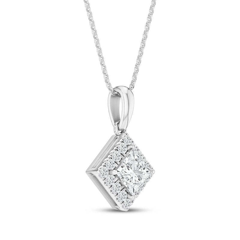 Main Image 2 of KAY Lab-Grown Diamonds Princess-Cut Solitaire Halo Necklace 1/2 ct tw 14K White Gold (F/VS2) 18"