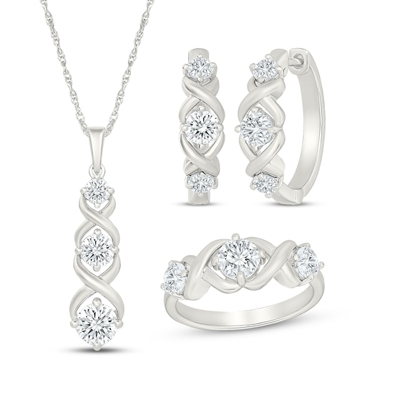 White Lab-Created Sapphire Three-Stone Twist Gift Set Sterling Silver