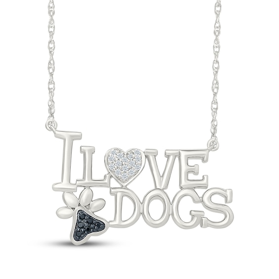 Black & White Diamond "I Love Dogs" Paw and Heart Necklace 1/15 ct tw Sterling Silver 18"