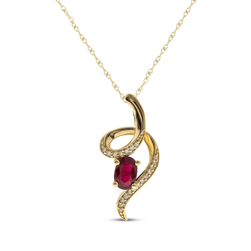 Main Image 1 of Oval-Cut Natural Ruby & Diamond Corkscrew Necklace 1/15 ct tw 10K Yellow Gold 18"