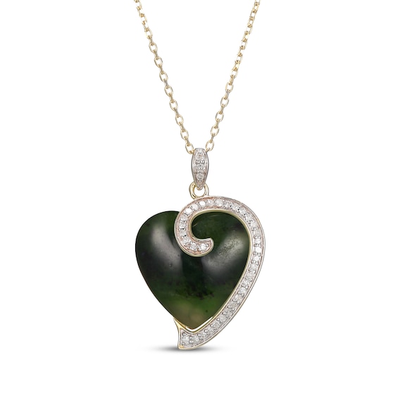 Heart-Shaped Nephrite Jade & Diamond Necklace 1/5 ct tw 14K Yellow Gold 18"