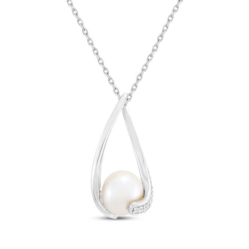 Main Image 1 of Cultured Pearl & White Lab-Created Sapphire Oval Twist Frame Necklace Sterling Silver 18"