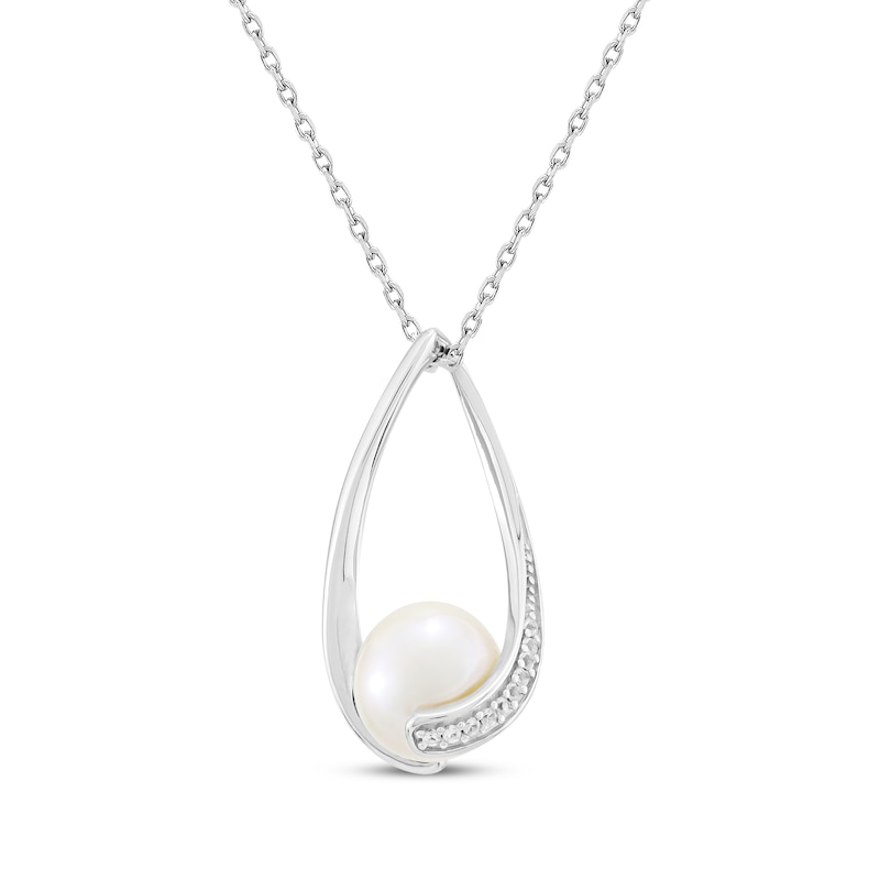 Main Image 2 of Cultured Pearl & White Lab-Created Sapphire Oval Twist Frame Necklace Sterling Silver 18"