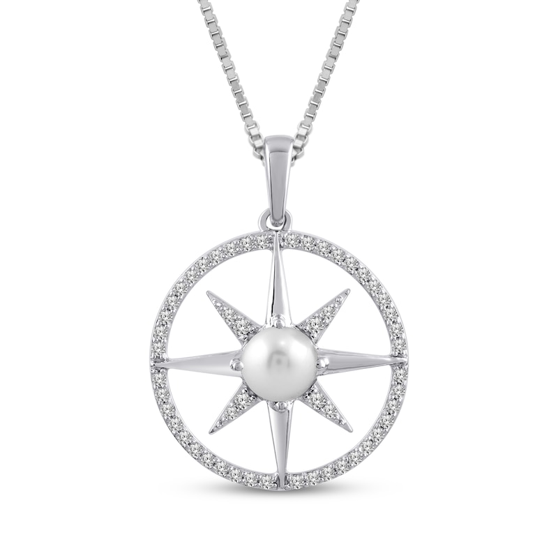 Main Image 1 of Cultured Pearl & White Lab-Created Sapphire Star Circle Necklace Sterling Silver 18"