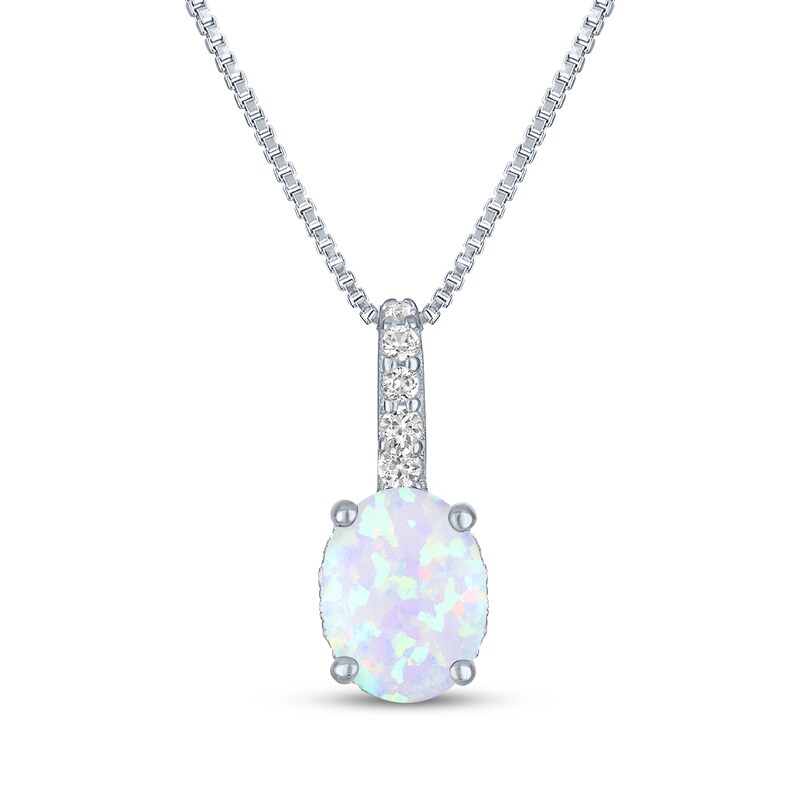 Main Image 1 of Oval-Cut Lab-Created Opal & White Lab-Created Sapphire Drop Necklace Sterling Silver 18"