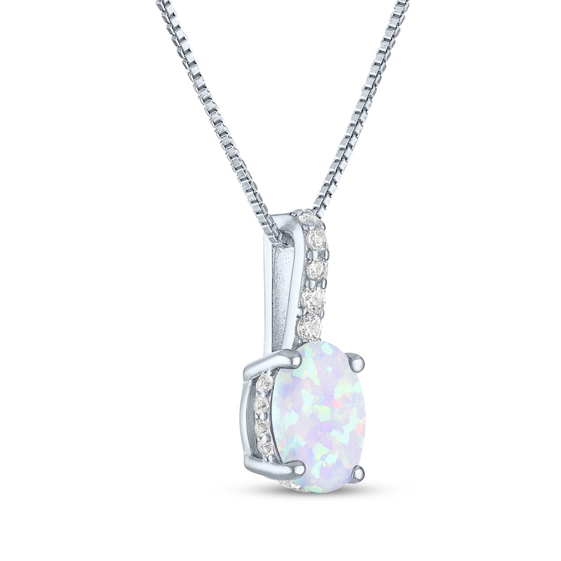 Main Image 2 of Oval-Cut Lab-Created Opal & White Lab-Created Sapphire Drop Necklace Sterling Silver 18"