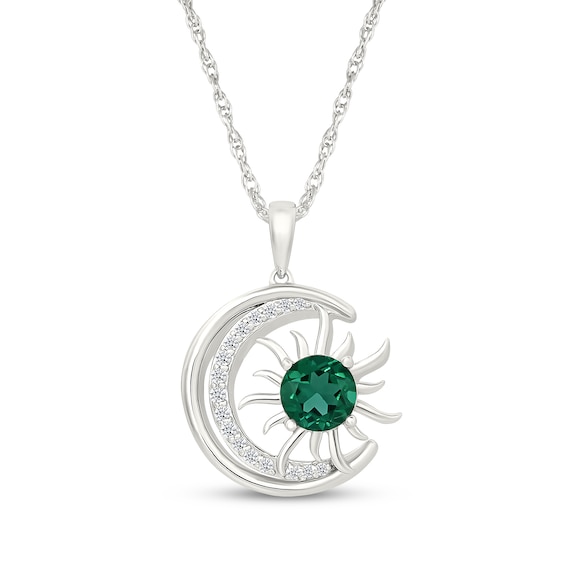 Lab-Created Emerald & White Lab-Created Sapphire Crescent Moon & Sun Necklace Sterling Silver 18"