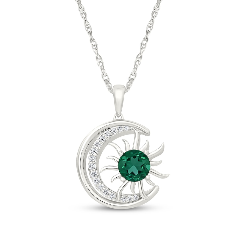 Main Image 1 of Lab-Created Emerald & White Lab-Created Sapphire Crescent Moon & Sun Necklace Sterling Silver 18"