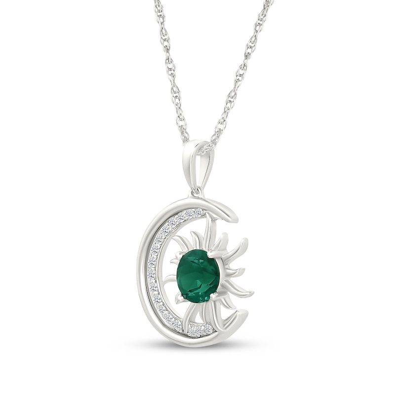Main Image 2 of Lab-Created Emerald & White Lab-Created Sapphire Crescent Moon & Sun Necklace Sterling Silver 18"
